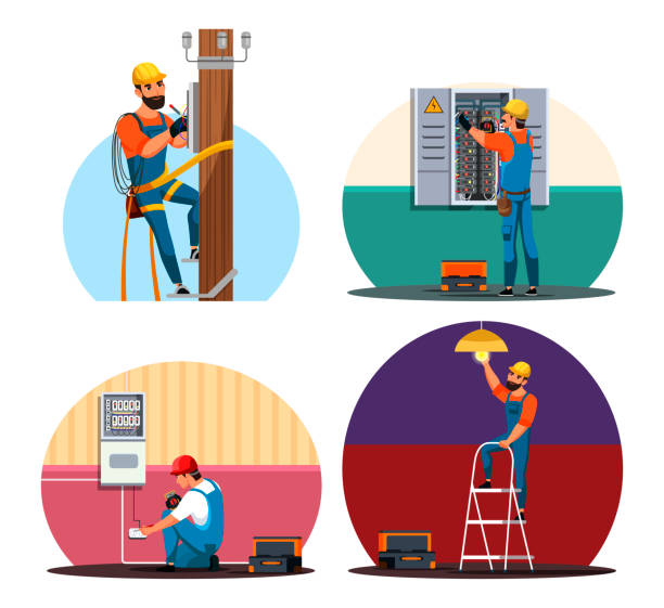 Electrician performing electrical work scene set Electrician character performing electrical work indoor and outdoor. Professional people with tool and electrical facilities scene set. High voltage equipment, power line support, repair light at home electrician stock illustrations