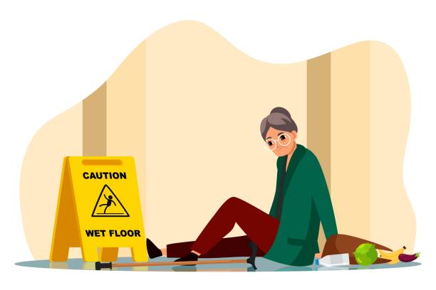 ilustrações, clipart, desenhos animados e ícones de mulher triste e madura cai sentada no chão molhado - falling people tripping senior adult