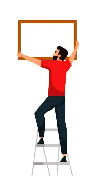 Vector illustration of Man hanging picture frame on wall on white space