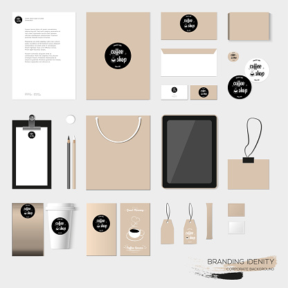 Stationery template design with coffee house elements. With blank, name card, envelope, paper bag, badge, tag, menu, flyer, black and white paper cup, sugar, etc. Vector illustration modern design.
