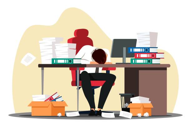 Overworked employee sleeping on desk at workplace Vector overworked employee sleeping front of computer on desk with paper document folder stack at workplace. Tired office worker, company employee, exhausted businessman take nap. Fatigue and work working hard stock illustrations