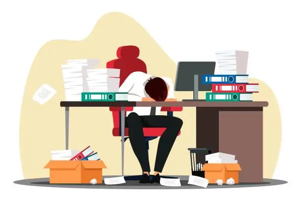 Vector illustration of Overworked employee sleeping on desk at workplace