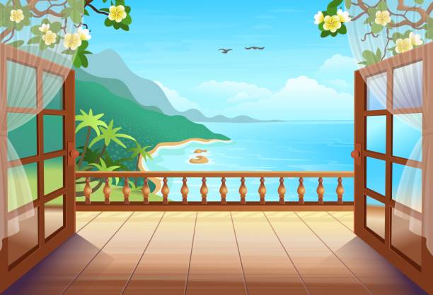 istock Panorama tropical island with open doors, palm trees, sea and the beach. Exit to the terrace with tropical island view. Vector illustration  in cartoon style. 1253311656