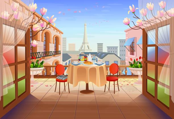 Panorama paris street with open doors, table with chairs, old houses, tower and flowers. Exit to the terrace with city view Vector illustration of city street in cartoon style. Panorama paris street with open doors, table with chairs, old houses, tower and flowers. Exit to the terrace with city view Vector illustration of city street in cartoon style. eiffel tower restaurant stock illustrations