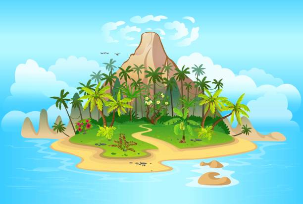 volkan, palmiye ağaçları ile karikatür tropikal ada. dağlar, mavi okyanus, çiçekler ve sarmaşıklar. vektör çizimi - ada illüstrasyonlar stock illustrations