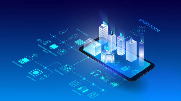 istock Vector illustration of a mobile phone with buildings and elements of a smart city. Science, futuristic, web, network concept, communications, high technology. EPS 10 1253315512