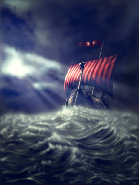 statek wikingów na burzliwym morzu - sea storm sailing ship night stock illustrations