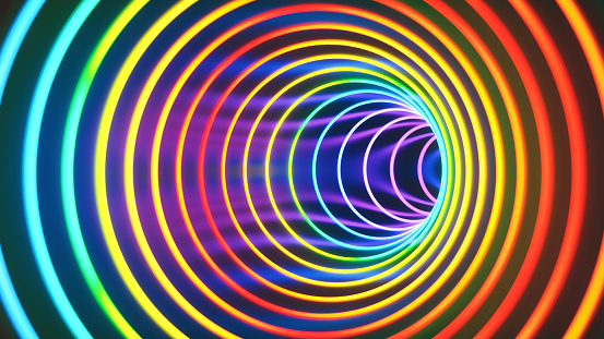 Bright glowing multicolored rainbow curved spiral tunnel art design with diminishing perspective