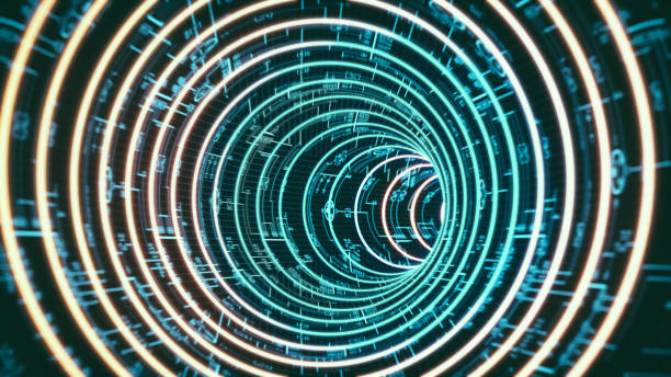 istock Virtual reality artificial tunnel spiral art design with diminishing perspective and glowing circuit board 1253319131