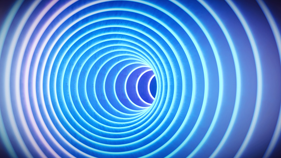 Blue glowing simple curved spiral tunnel art design with diminishing perspective