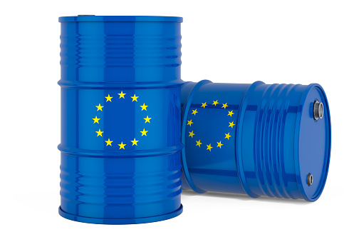 Oil barrel with the European Union flag. Trade concept, 3D rendering isolated on white background