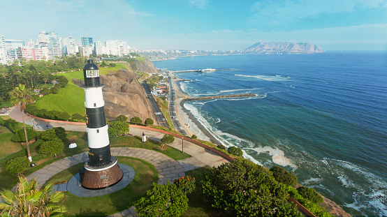 Aerial panoramic view of Miraflores district coastline in Lima, Peru during quarantine.