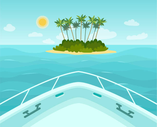 ilustraciones, imágenes clip art, dibujos animados e iconos de stock de el barco se acerca a una isla tropical en el mar. vista desde la proa del barco. ilustración de estilo plano vectorial. - proa