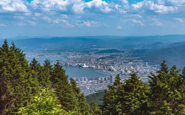 Cityscape of the Otsu city and Lake Biwa from Mt. Hiei in Shiga, Japan