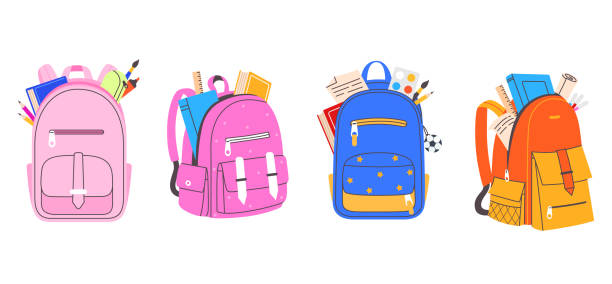 ilustrações de stock, clip art, desenhos animados e ícones de collection of colorful school bags for boys and girls. backpack full of stationery objects vector illustration in flat cartoon style. back to school. element for your design. - backpack university learning student