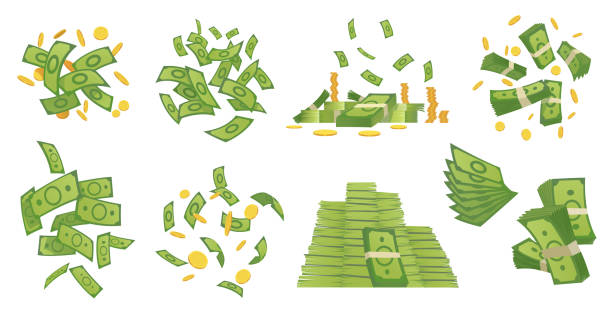 illustrations, cliparts, dessins animés et icônes de collection d’argent de dessin animé. illustration verte de vecteur de billet de banque et de pièces d’or. voler et rouler des billets, des piles de pièces. pluie de dollar - currency abundance backgrounds banking