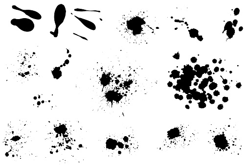 Set of vector ink blots. Hand-drawn drops, splashes, dots, spots, prints. Isolated on white background. Black dirty texture. Design elements