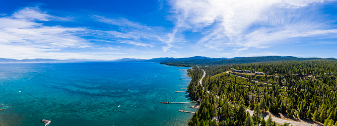 Aerial panoramic image of Lake Tahoe in California.