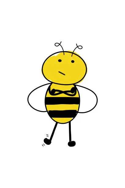 Vector illustration of cartoon cute bee standing with arms crossed and tapping its foot. Impatient and annoyed bee