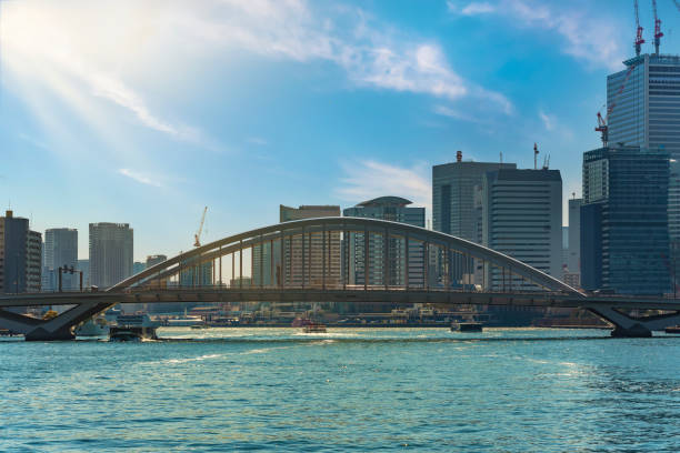 istock Water buses sailing on the Sumida river under the Tsukiji Ohashi bridge. 1253339089