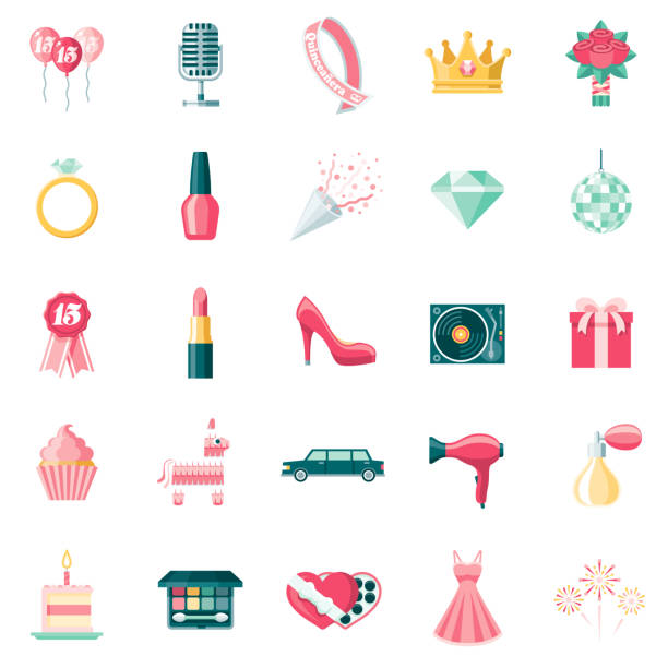 ilustrações de stock, clip art, desenhos animados e ícones de quinceañera icon set - personal accessory balloon beauty birthday