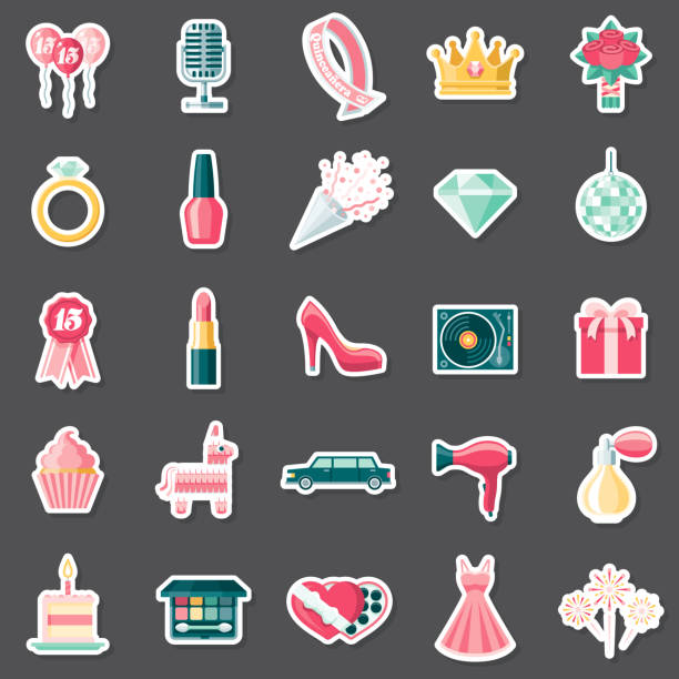 ilustrações de stock, clip art, desenhos animados e ícones de quinceañera sticker set - personal accessory balloon beauty birthday