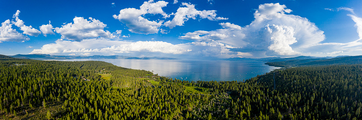 Panoramic view of beautiful Ice lake near Silverton, Colorado on rocky mountain peak and panorama reflection of summer landscape with nobody and green grass blue sky