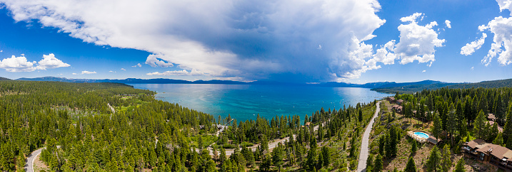Aerial panoramic image of Lake Tahoe in California.