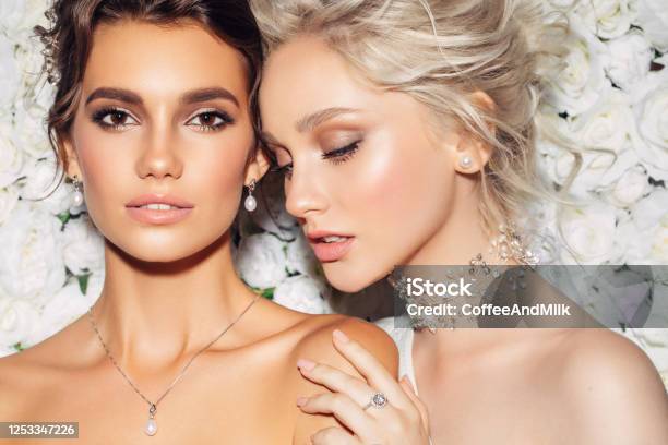 Photo Of Two Beautiful Girls Stock Photo - Download Image Now - Jewelry, Make-Up, Bride