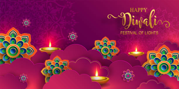 Diwali, Deepavali or Dipavali the festival Diwali, Deepavali or Dipavali the festival of lights india with gold diya patterned and crystals on paper color Background. deepavali stock illustrations