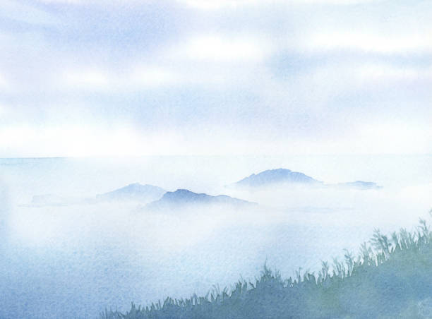 Watercolor illustration of sea of clouds. Watercolor illustration of sea of clouds. nihonga stock illustrations