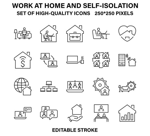 A set of simple but high-quality linear icons for working from home and self-isolation. A set of simple but high-quality linear icons for working from home and self-isolation. Vector illustration with editable stroke. work from home stock illustrations