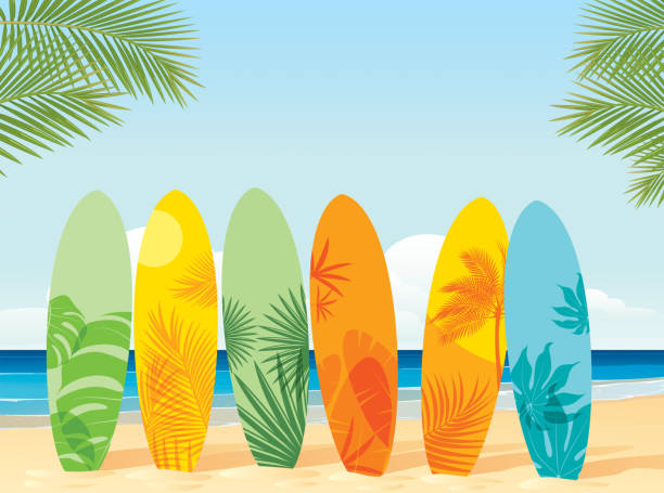 illustrazioni stock, clip art, cartoni animati e icone di tendenza di tavole da surf sulla spiaggia - surf