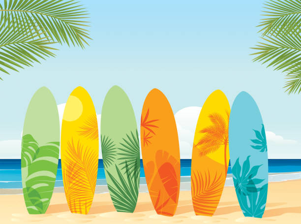 해변의 서핑 보드 - surfing wave surf surfboard stock illustrations