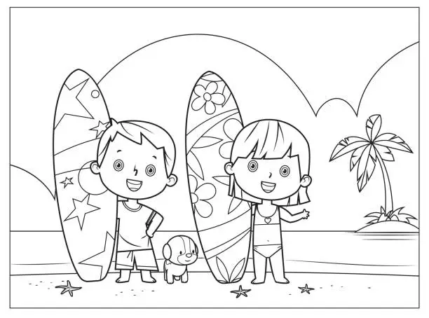 Vector illustration of Black And White, Children with surfing boards