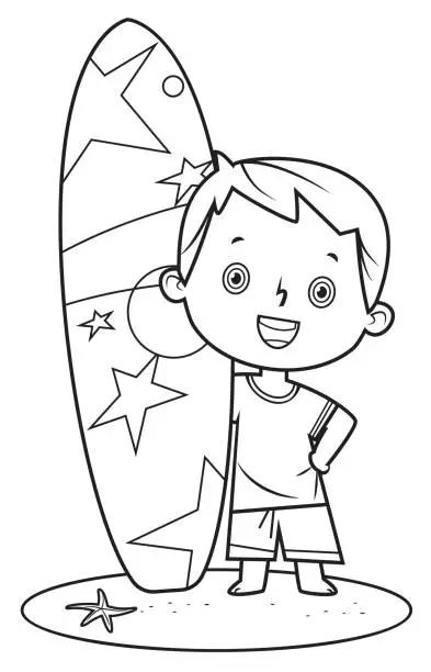 Vector illustration of Black And White, Little boy holding surfboard