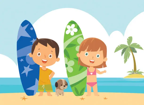 Vector illustration of Children with surfing boards