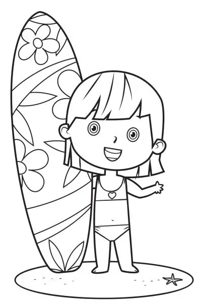 Vector illustration of Black And White, Little girl holding surfboard