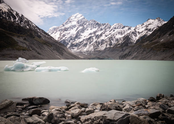 istock View on mountain (Mt Cook) with glacial lake and floating ice in foreground 1253356453