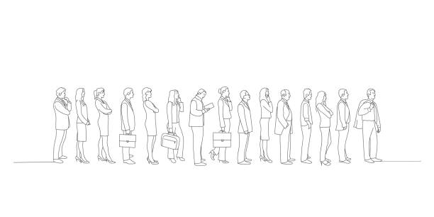 ilustrações, clipart, desenhos animados e ícones de empresários em pé na fila. - waiting in line people in a row in a row people