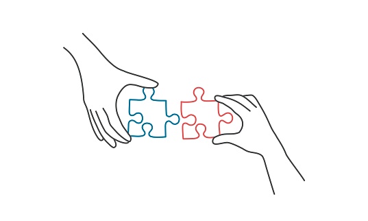 Hands connecting jigsaw puzzle. Line drawing vector illustration.