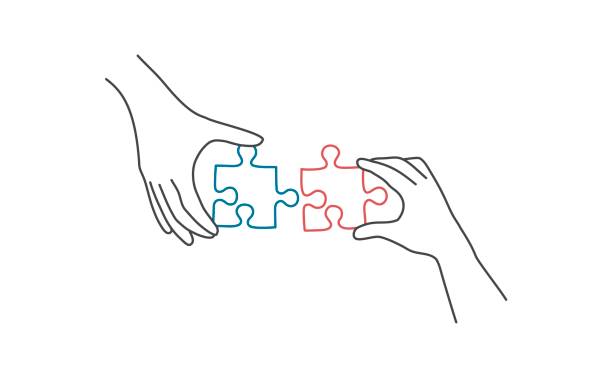Hands connecting jigsaw puzzle. Hands connecting jigsaw puzzle. Line drawing vector illustration. hand drawings stock illustrations