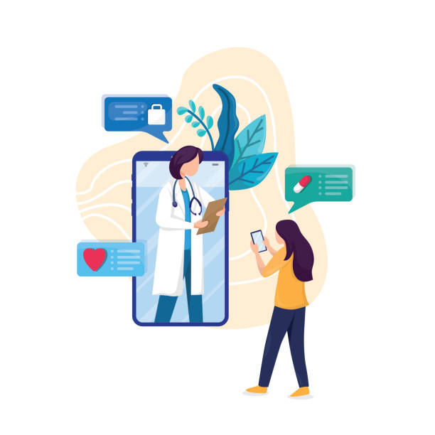 smartphone screen with female therapist on chat Smartphone screen with female therapist on chat in messenger and an online consultation. Vector flat illustration. Ask doctor. Online medical advise or consultation service, tele medicine doctors office stock illustrations