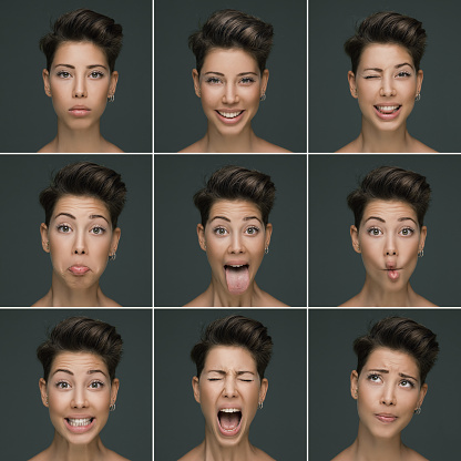 Young woman making nine different facial expressions