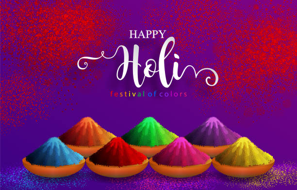 Holi festival Colorful gulaal powder color indian festival for Happy Holi card with gold patterned and crystals on paper color Background holi stock illustrations