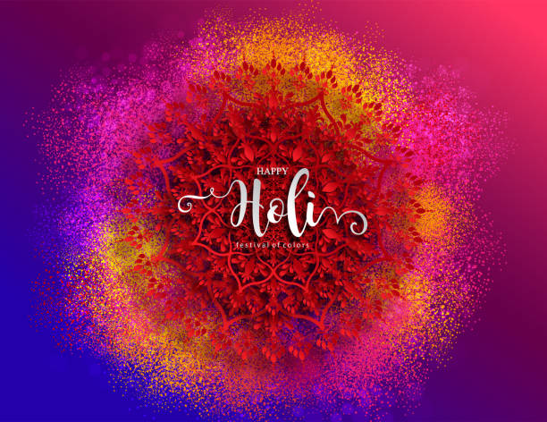Holi festival Colorful gulaal powder color indian festival for Happy Holi card with gold patterned and crystals on paper color Background holi stock illustrations