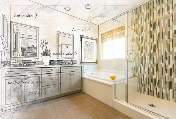 istock Custom Master Bathroom Design Drawing Gradating to Finished Photograph 1253374717