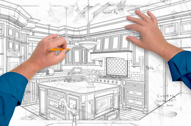 istock Male Hands Drawing Custom Kitchen Design Details 1253374735