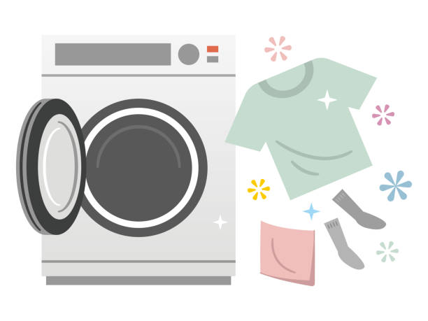 illustrazioni stock, clip art, cartoni animati e icone di tendenza di lavatrice e lavanderia a tamburo - asciugatrice