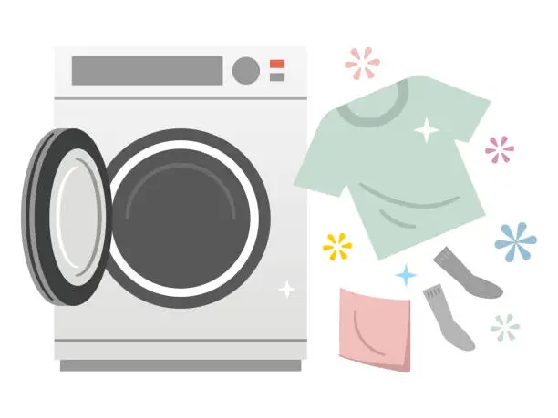 Vector illustration of Drum type washing machine and laundry